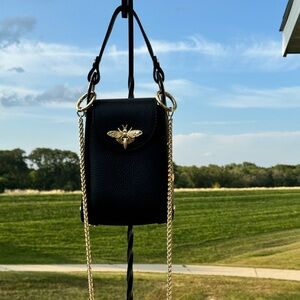 Leather bee phone pouch with shoulder strap